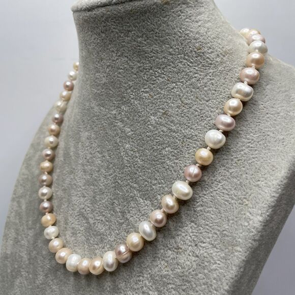 Bridal Tri Color Freshwater Pearl Beaded Silk Double Knotted Necklace Silver - Picture 5 of 8